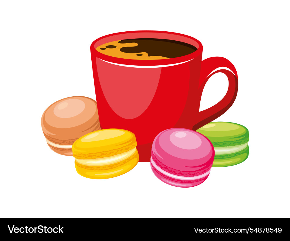 Rote Tasse Kaffee und bunte Macarons Ikone Set Rote Tasse Kaffee und bunte Macarons Ikone Set vektorbild