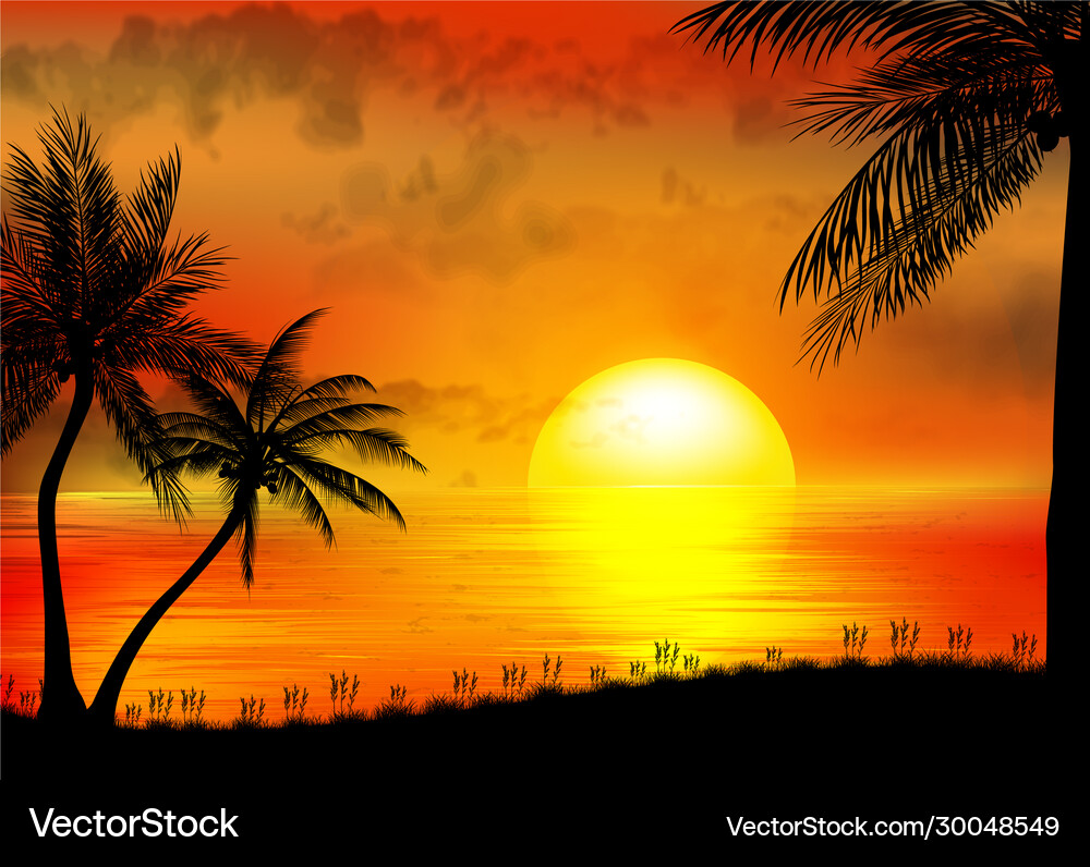 Tropical sunrise on sea and boat – Royalty-Free Vector | VectorStock, image size:1000x796