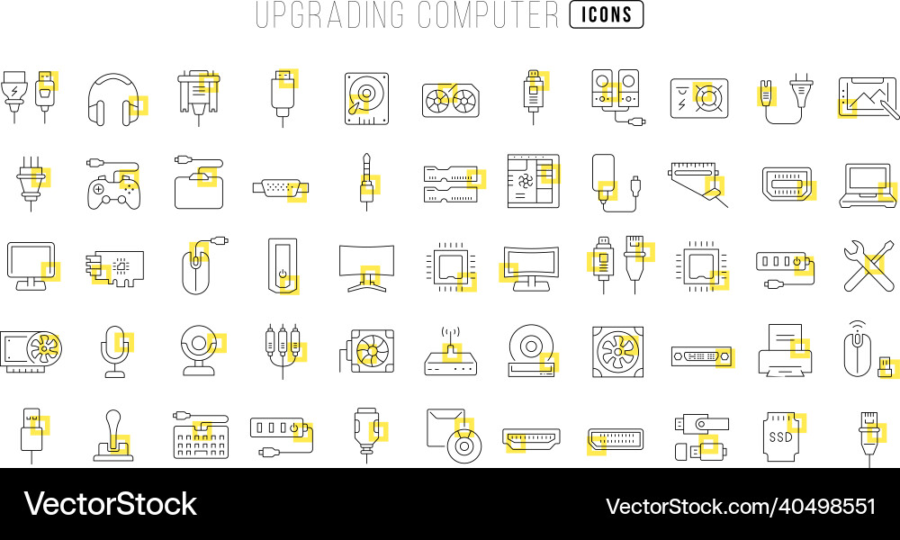 Set of linear icons upgrading computer Set of linear icons upgrading computer vector image