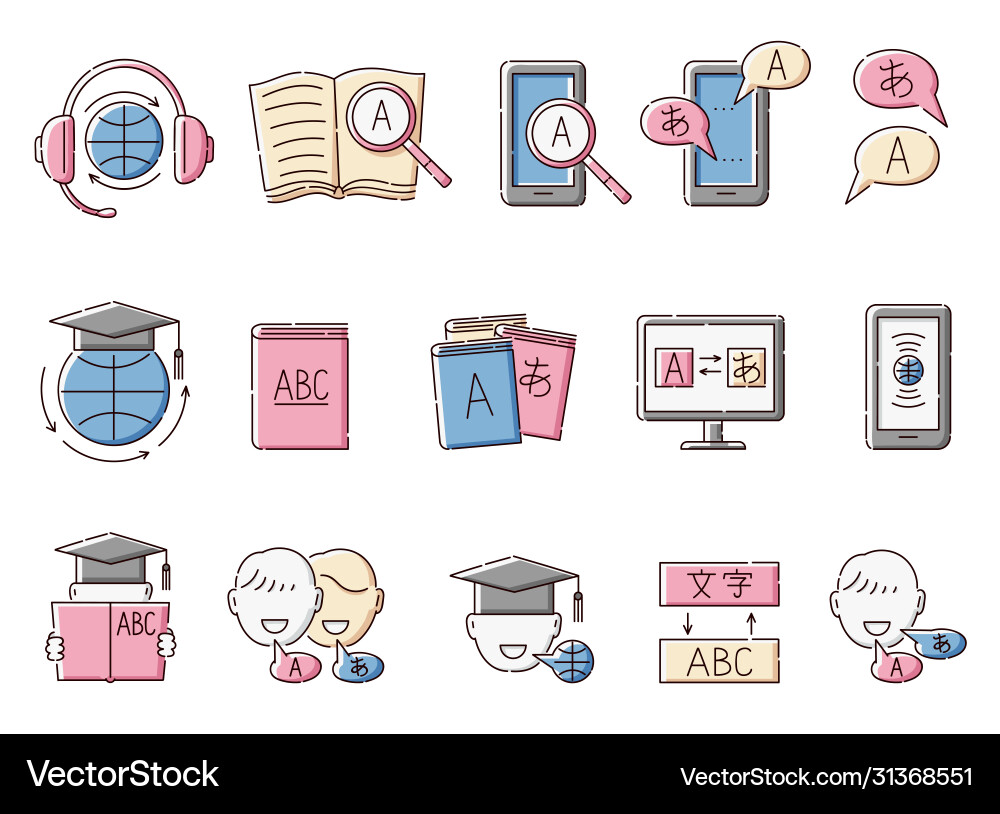 Translation and foreign language learning icons Translation and foreign language learning icons Vector Image