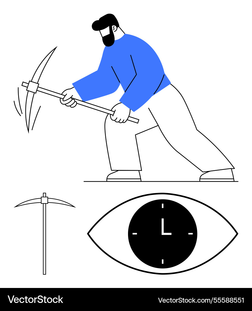 Worker mining with pickaxe and clock symbol Vector Image