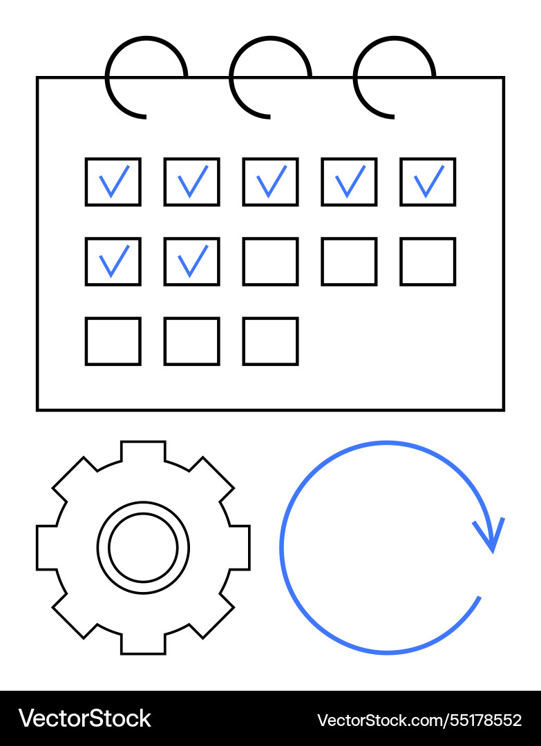 Calendar with checkmarks gear and circular arrow Calendar with checkmarks gear and circular arrow Vector Image