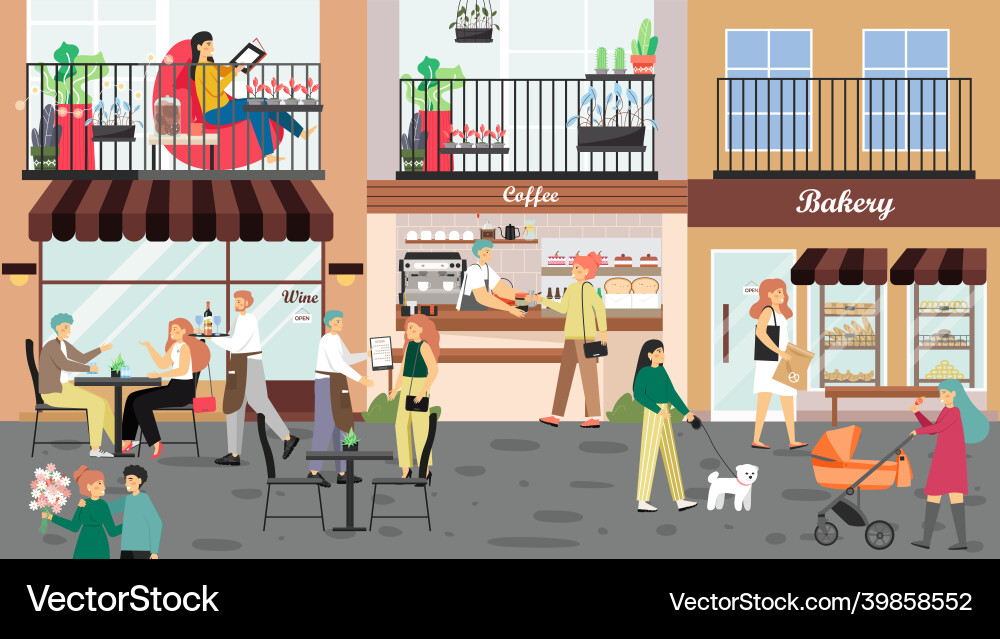 People visiting coffeehouse cafe bakery walking People visiting coffeehouse cafe bakery walking vector image