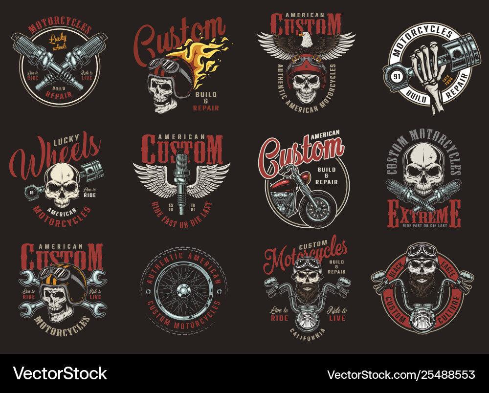Motorcycle Skull Prints - Vintage Style Vector Image