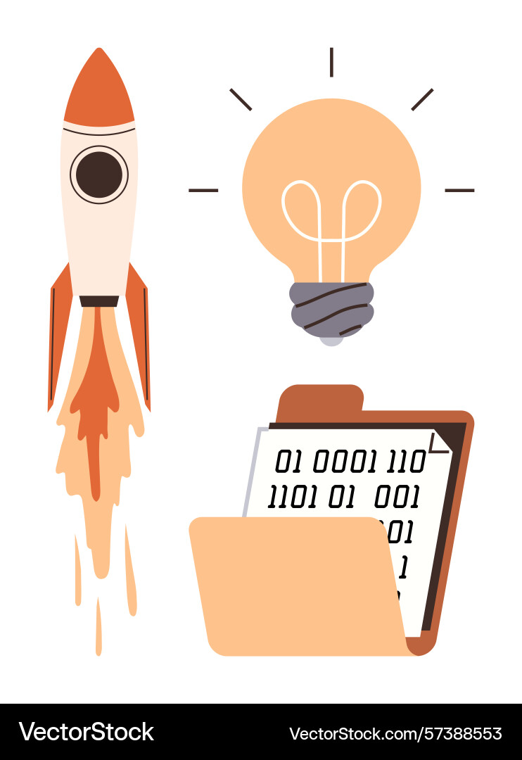 Rocket launch glowing lightbulb and binary data Rocket launch glowing lightbulb and binary data vector image