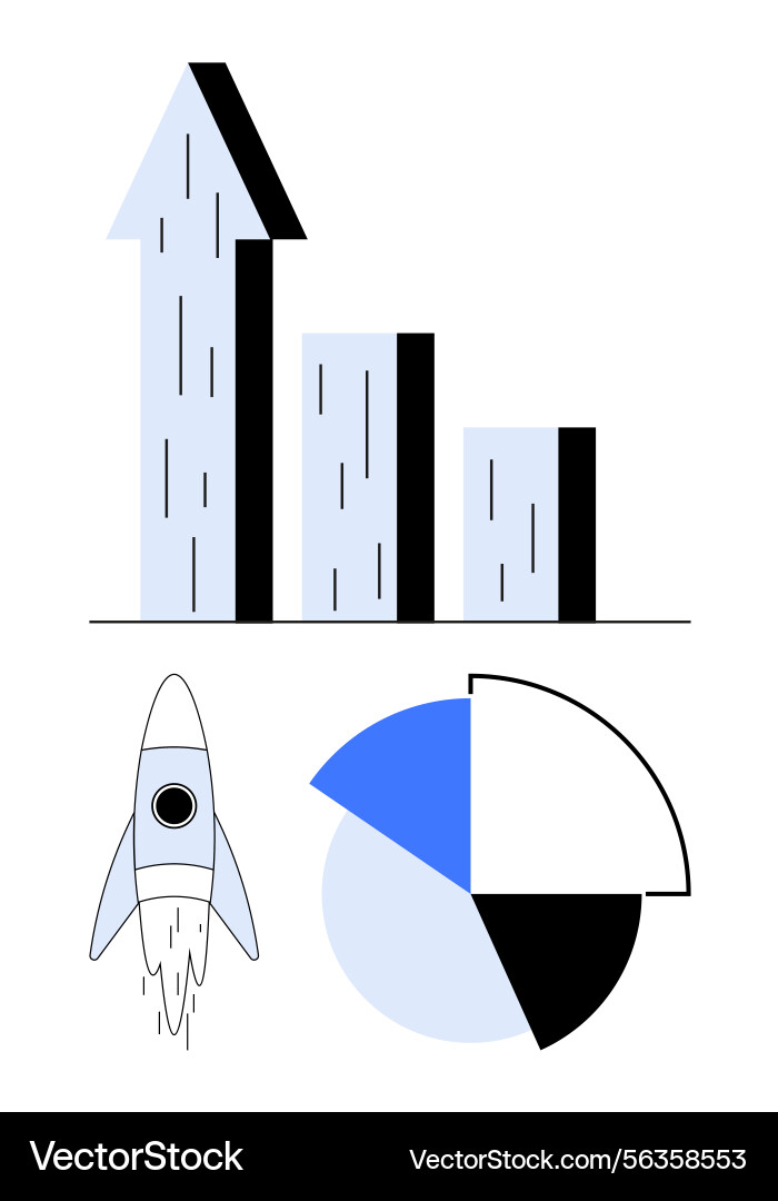 Rocket launch with bar chart and pie Rocket launch with bar chart and pie vector image