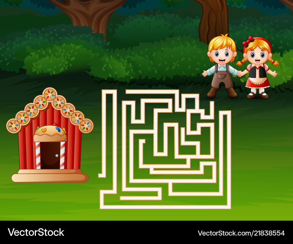 Maze game of hansel and gretel find a path to ging Maze game of hansel and gretel find a path to ging vector image