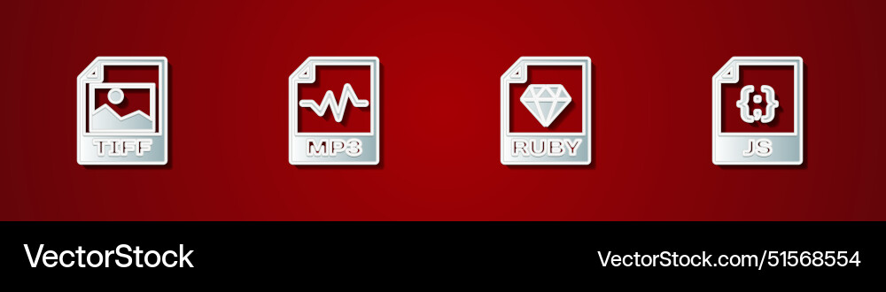 Set tiff file document mp3 ruby and js icon Vector Image