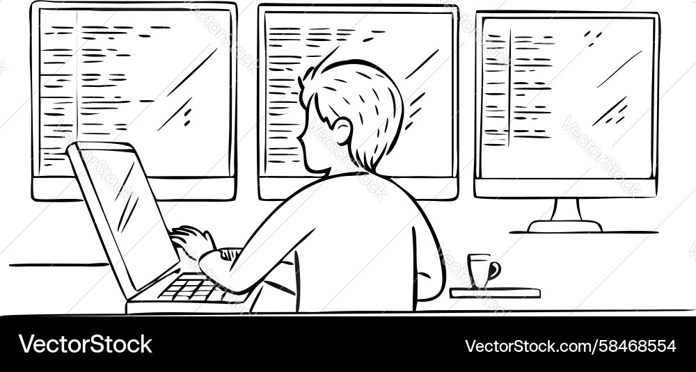 Student Using Multi-Monitor Setup Vector Image