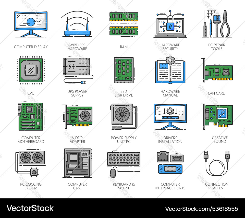 Computer software and hardware color line icons Computer software and hardware color line icons vector image