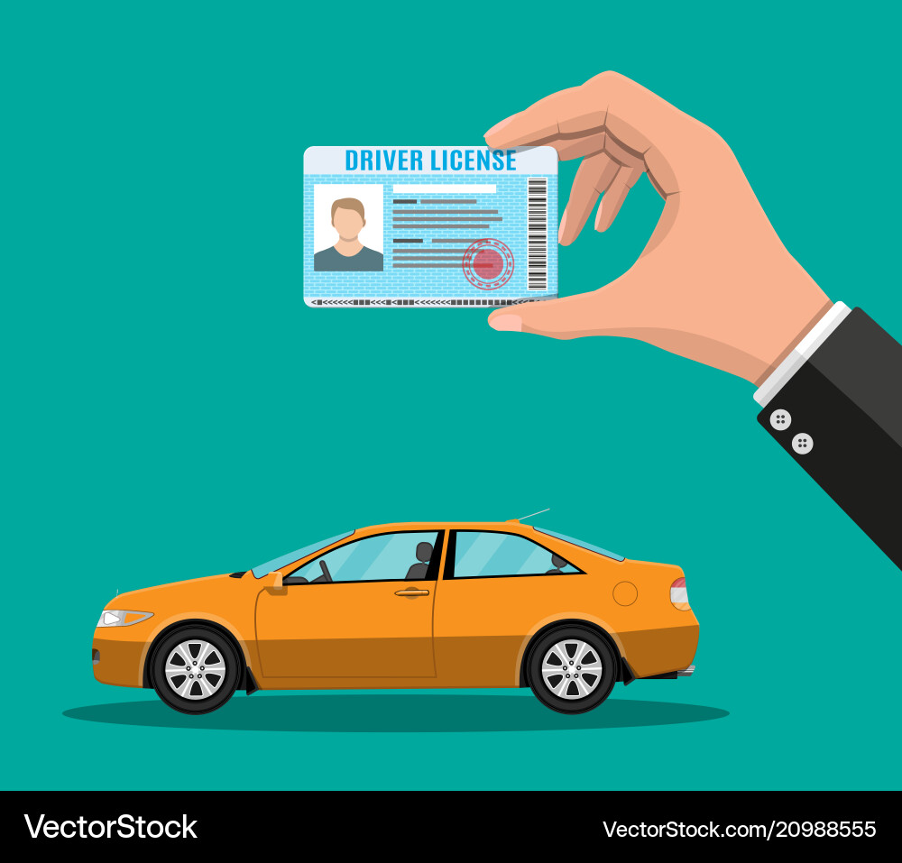 Driver license in hand and orange sedan car Driver license in hand and orange sedan car vector image