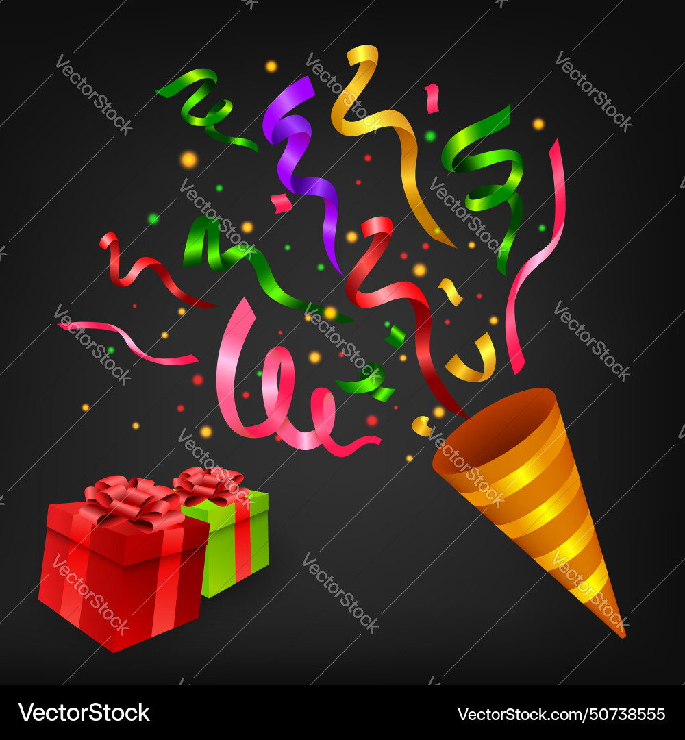 Exploding colorful confetti popper with gift box vector image