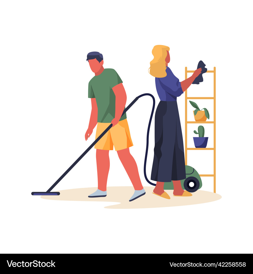 Family couple cleaning home together banner Family couple cleaning home together banner vector image