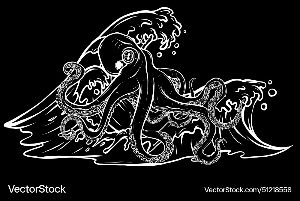 Weiße Silhouette von Cartoon Oktopus mit Seewelle Weiße Silhouette von Cartoon Oktopus mit Seewelle vektorbild