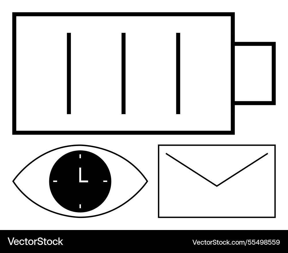 Battery with eye clock and envelope representing Battery with eye clock and envelope representing vector image