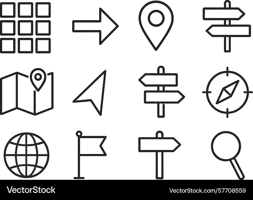 Collection of navigation symbols including maps Collection of navigation symbols including maps vector image