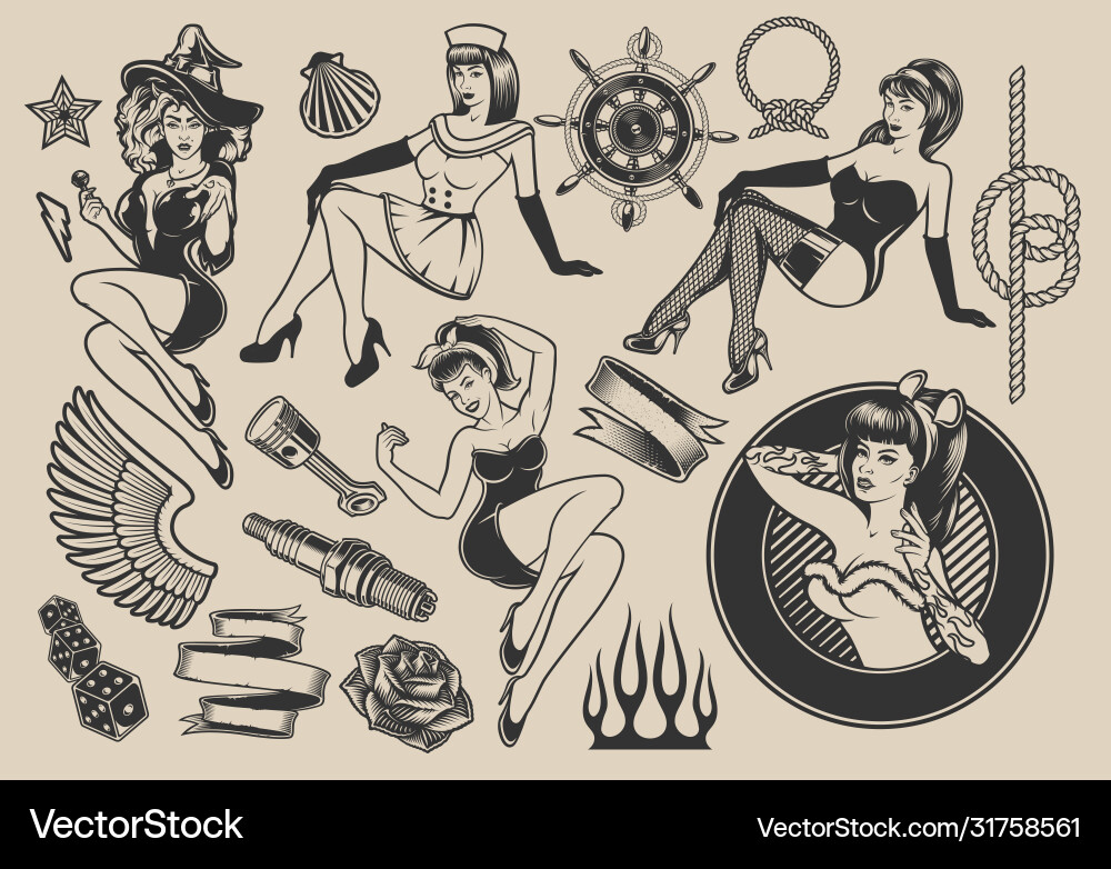 Retro Pin-Up Girls & Nautical Elements vector image