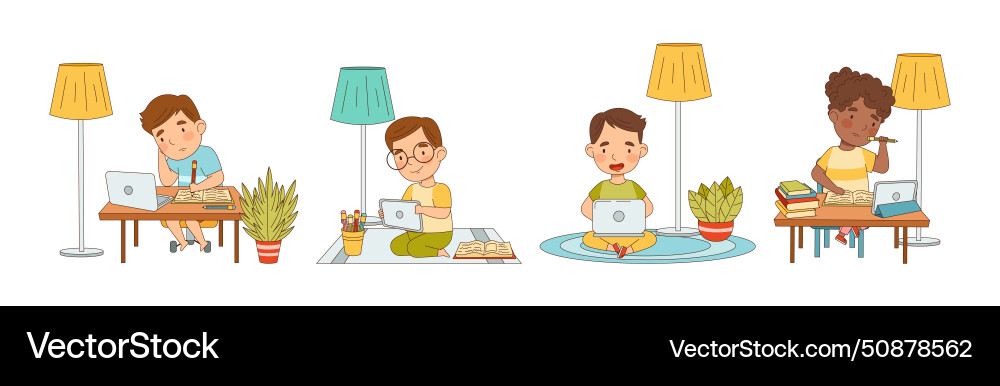 Children learn from home having remote class Children learn from home having remote class vector image