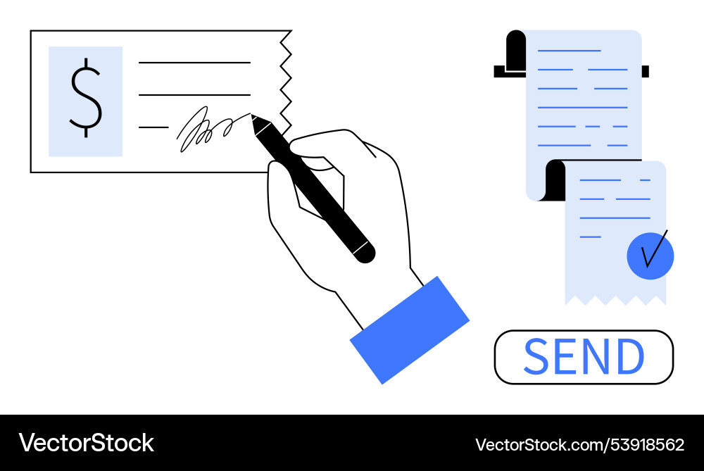Hand signing a check and sending documents Hand signing a check and sending documents vector image