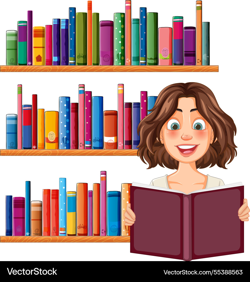 Woman enjoying a book in library Woman enjoying a book in library vector image