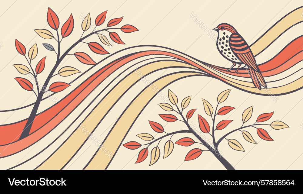 Bird on branch with abstract wavy background Vector Image