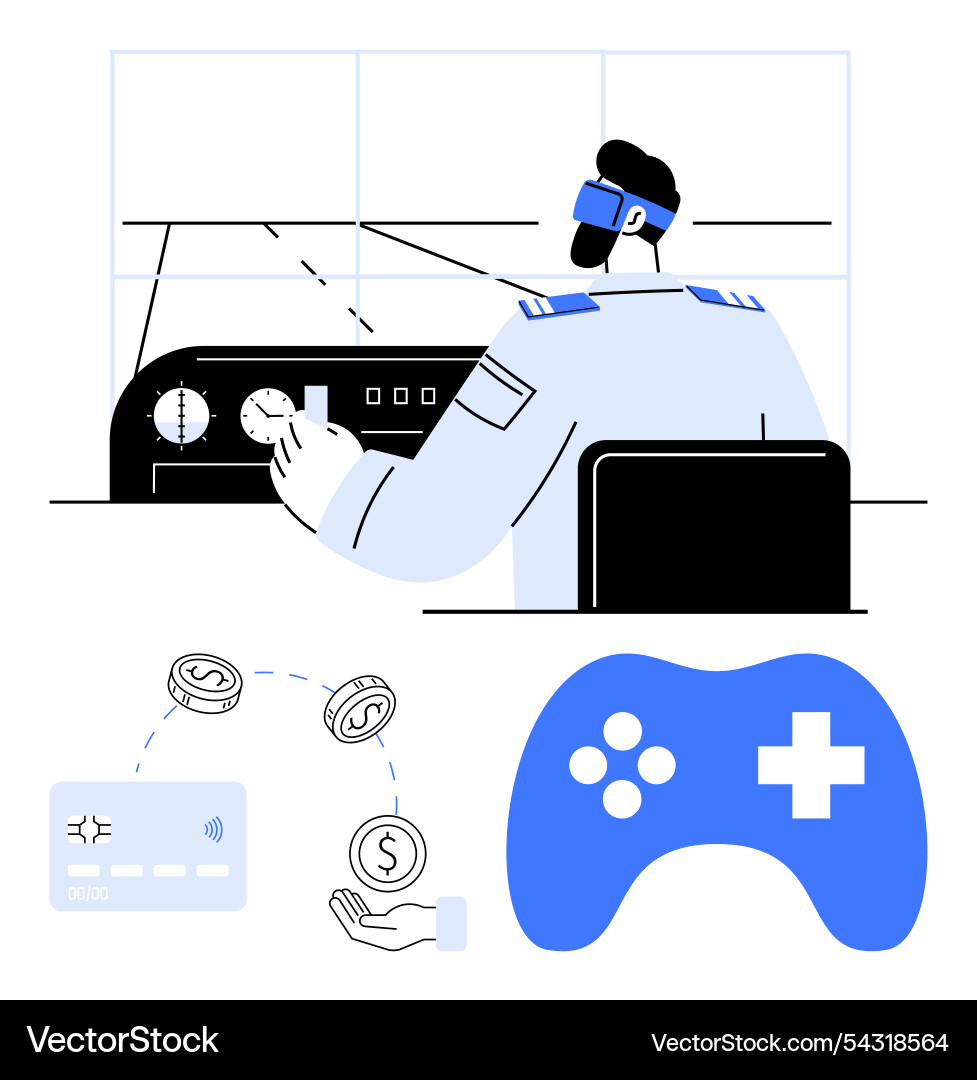 Pilot using virtual reality flight simulator Pilot using virtual reality flight simulator vector image