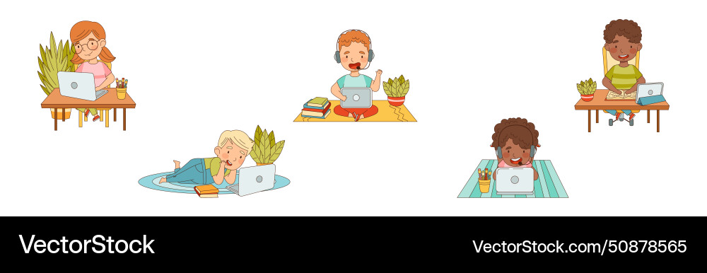 Children learn from home having remote class vector image