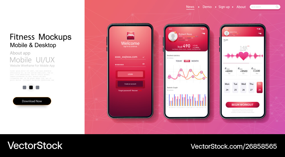 Different ui ux gui screens fitness app vector image