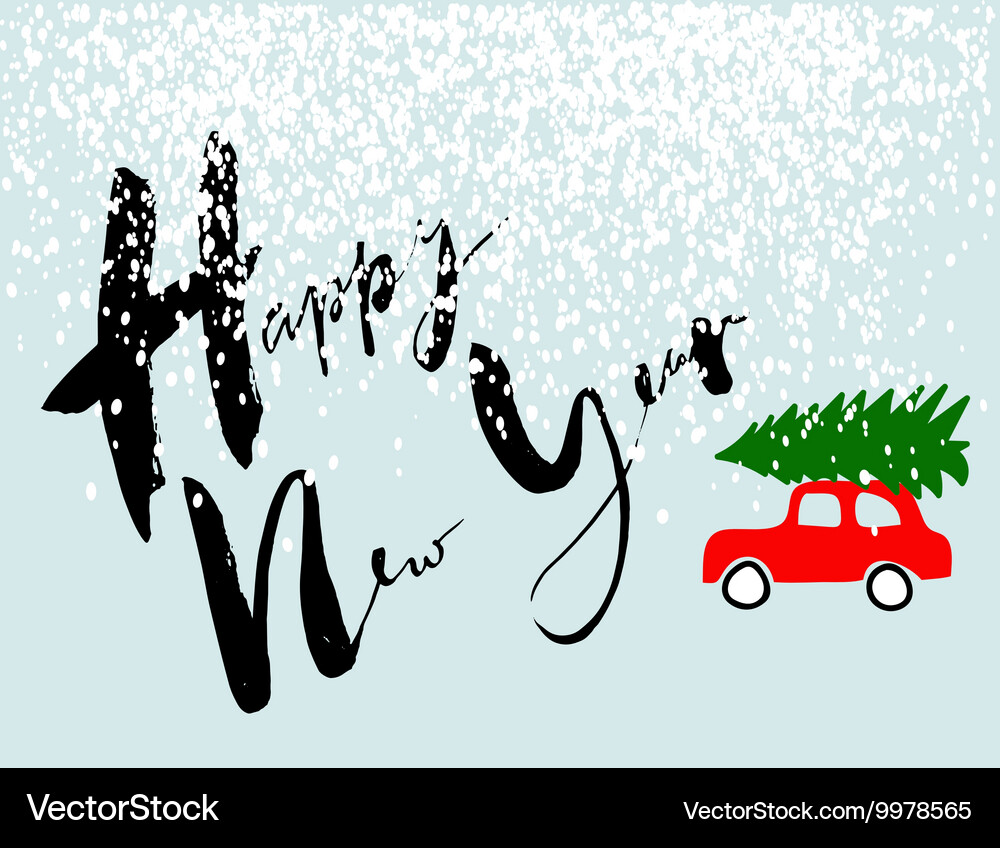 Red car carries christmas spruce happy new year Vector Image
