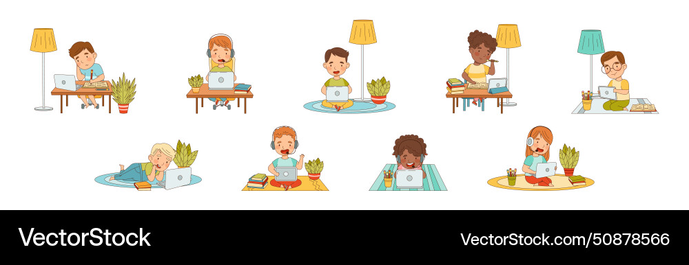Children learn from home having remote class Children learn from home having remote class vector image