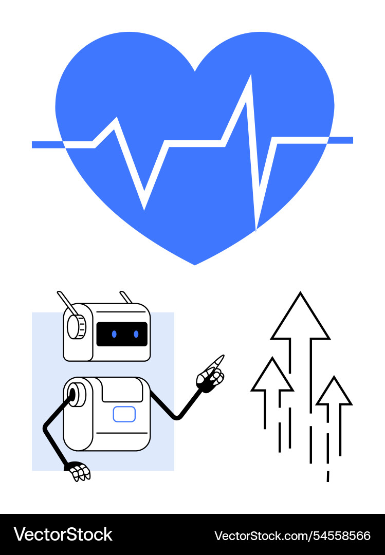 Robot pointing at upward arrows with heartbeat Vector Image
