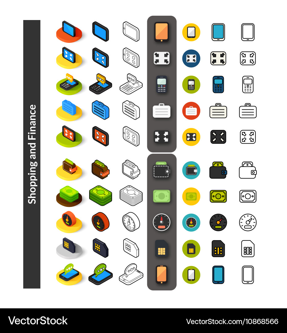 Set of icons in different style - isometric flat vector image