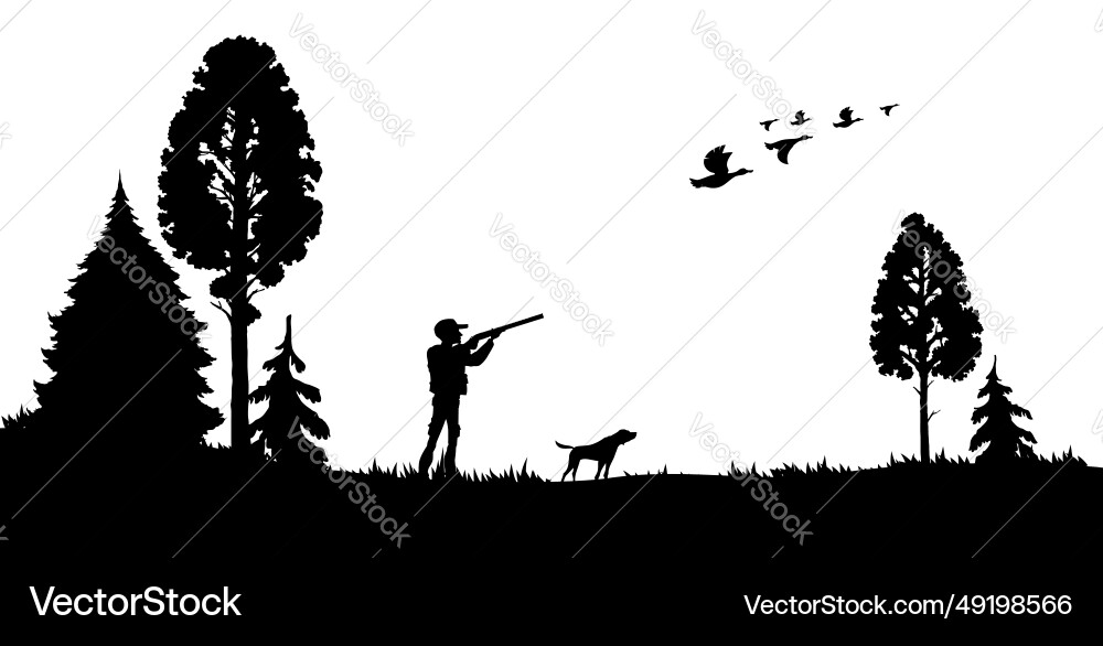 Silhouettes of hunter with shotgun dog and duck Silhouettes of hunter with shotgun dog and duck vector image