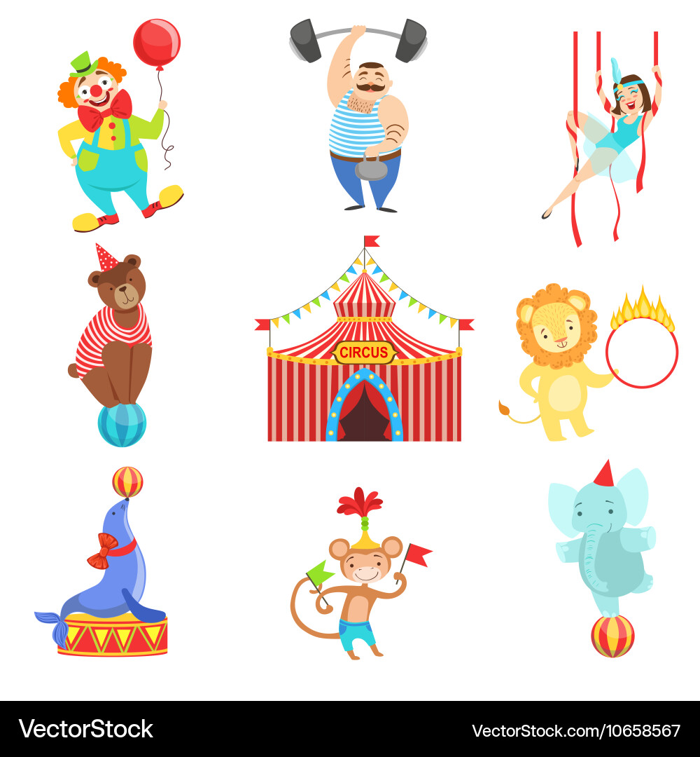 Circus related objects and characters set vector image