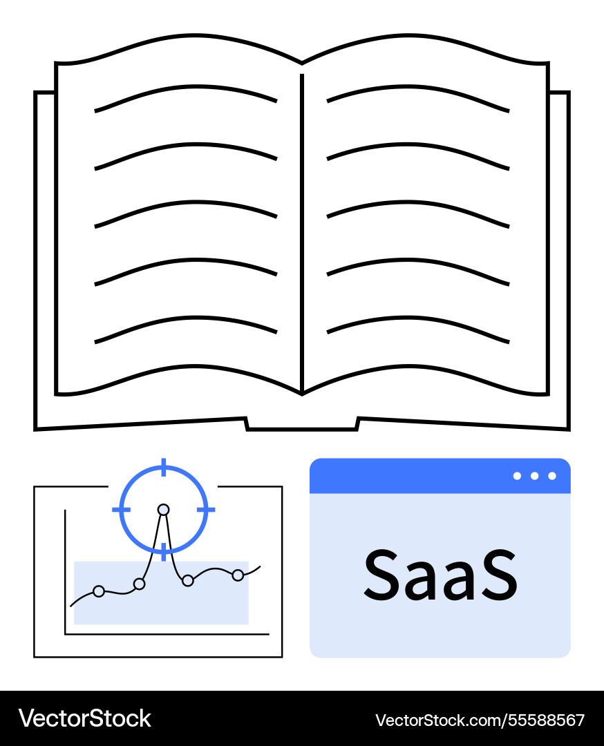 Open book with data analysis chart and saas Open book with data analysis chart and saas Vector Image