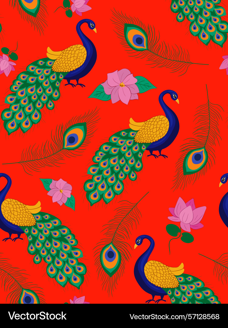 Seamless vibrant peacock and lotus pattern Seamless vibrant peacock and lotus pattern Vector Image