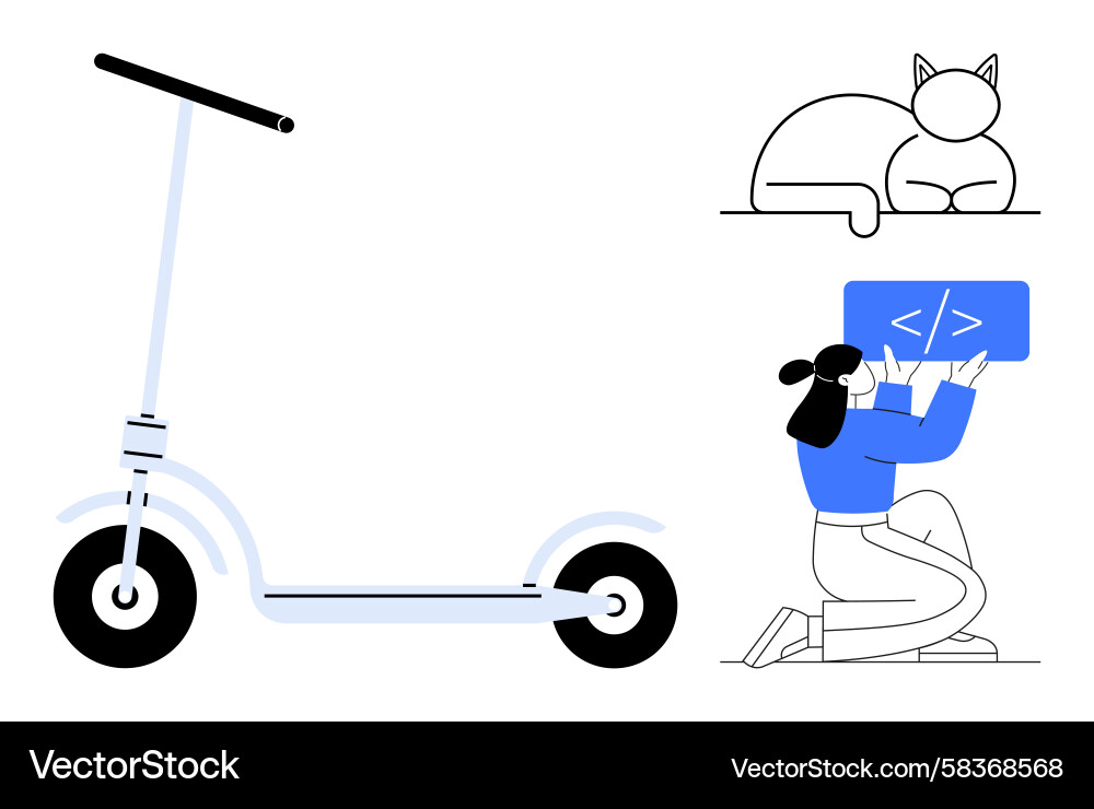 Woman Coding with Tablet & Relaxing Cat Vector Image
