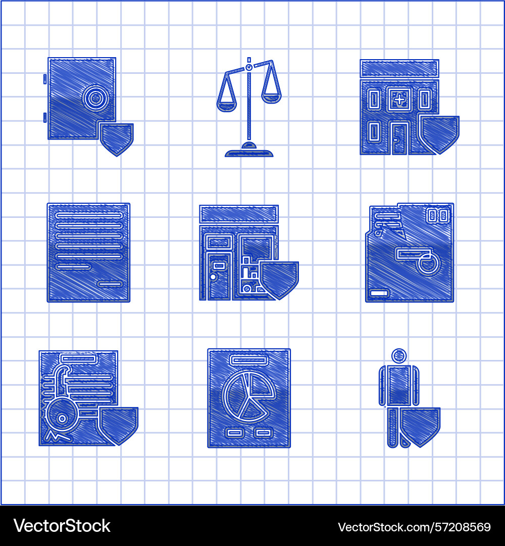 Set shopping building with shield document graph Set shopping building with shield document graph vector image