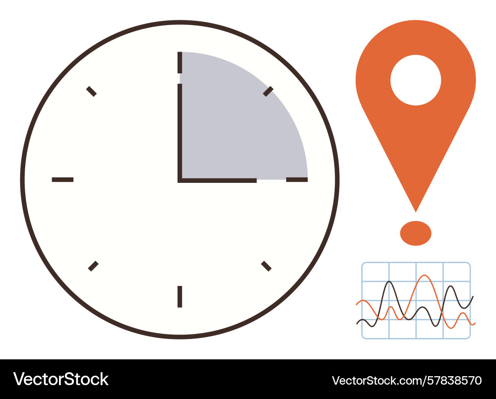 Clock with time segment location pin and graph Clock with time segment location pin and graph Vector Image