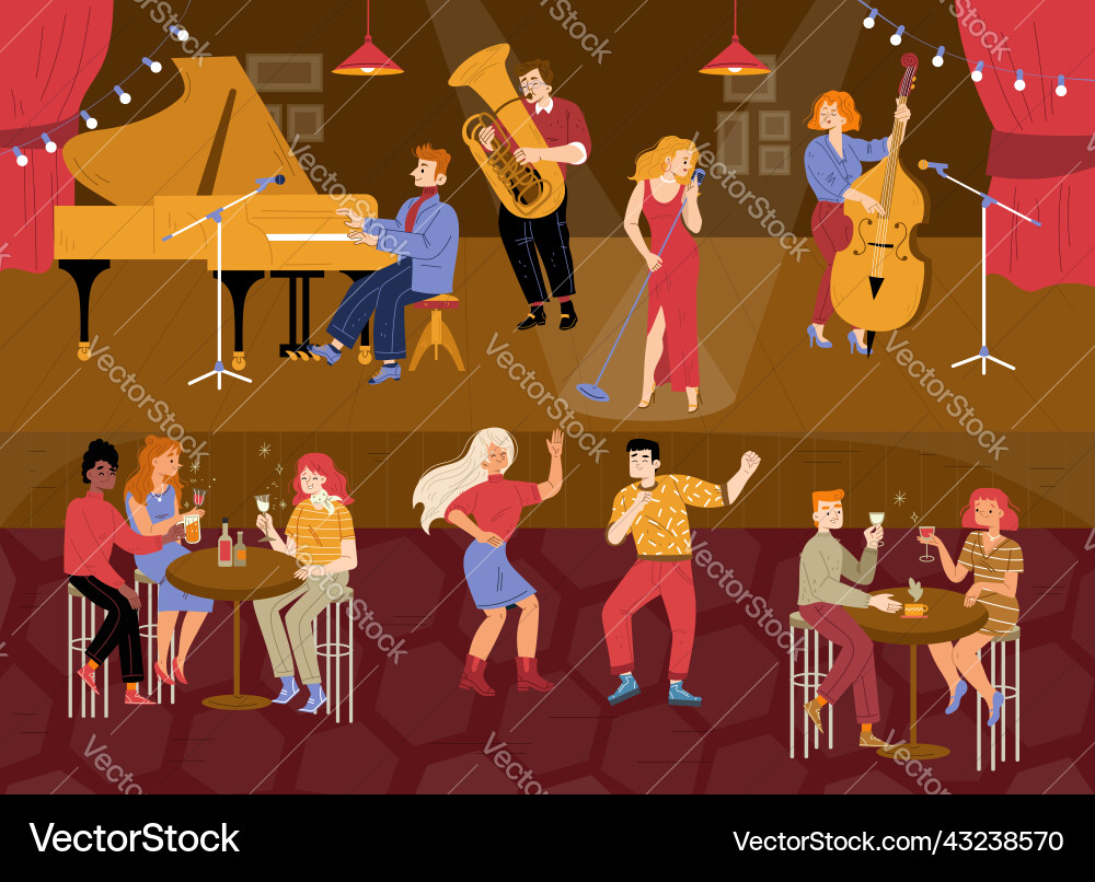 Jazz Club Musicalkonzerte sitzen auf Tischen Jazz Club Musicalkonzerte sitzen auf Tischen vektorbild