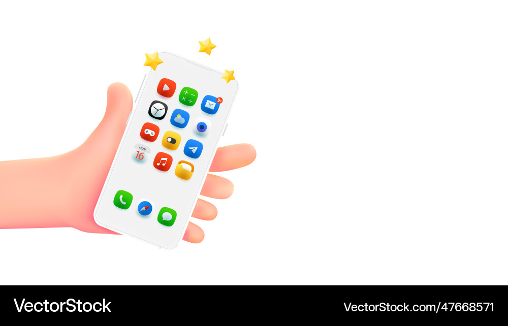 Man holding smartphone with application icons 3d Man holding smartphone with application icons 3d vector image