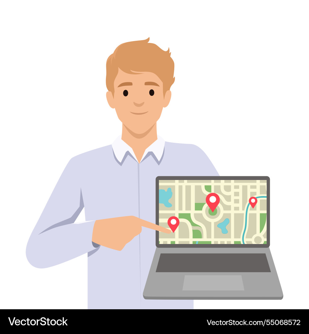 Man pointing to a laptop screen displaying map Man pointing to a laptop screen displaying map vector image