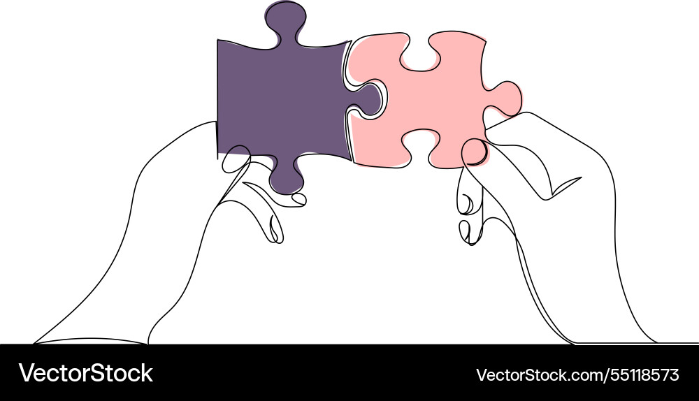 Hands holding puzzle sketch continuous line vector image