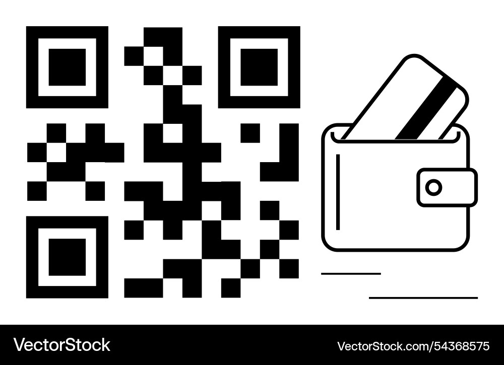 Qr code and wallet with credit card visualization Qr code and wallet with credit card visualization vector image