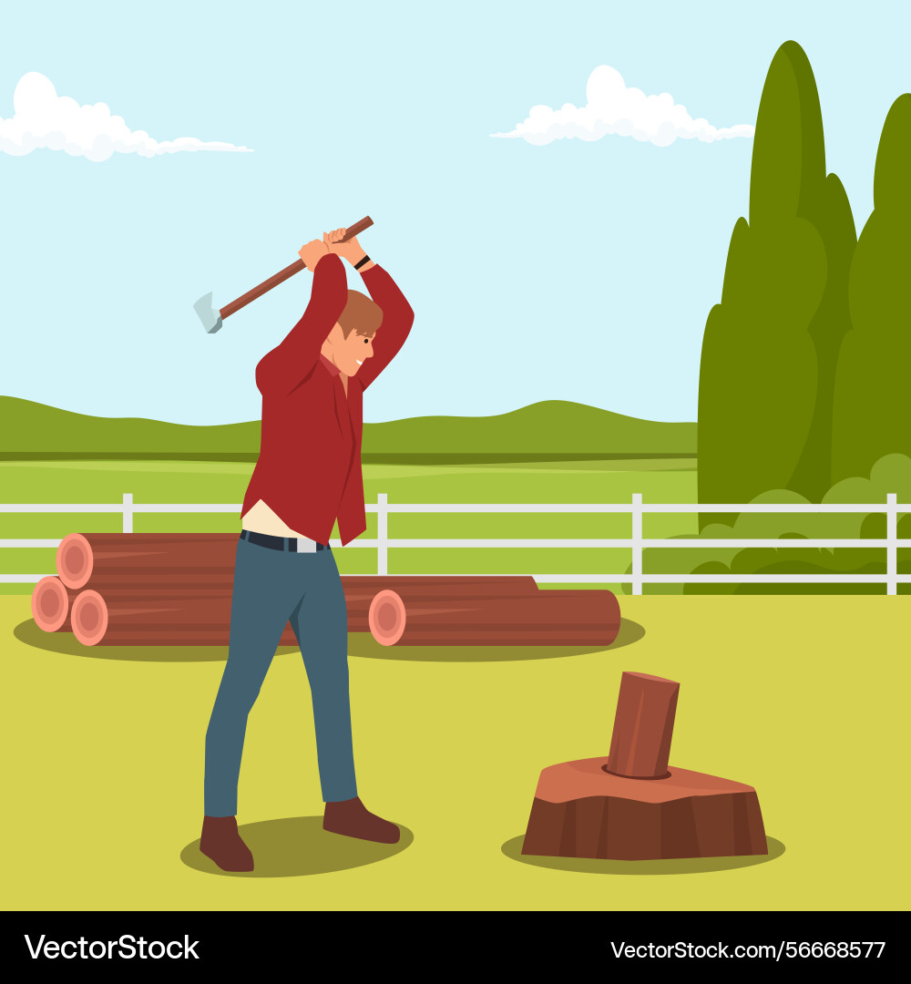 Man raises an axe to split a log on tree stump Vector Image