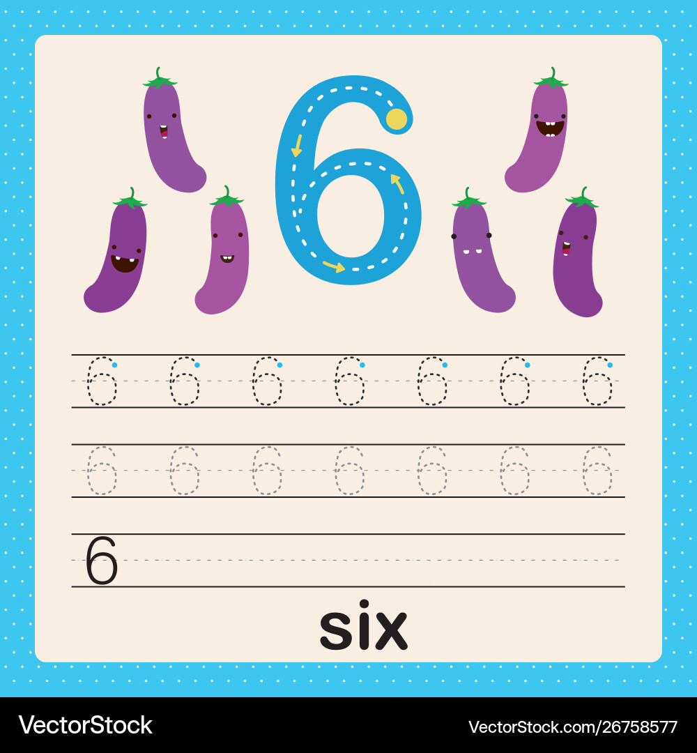Number six card for kids learn to count and write Number six card for kids learn to count and write vector image