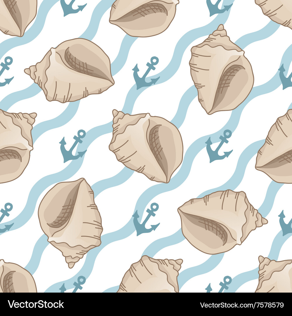 Seamless patterns with seashells and anchors Vector Image
