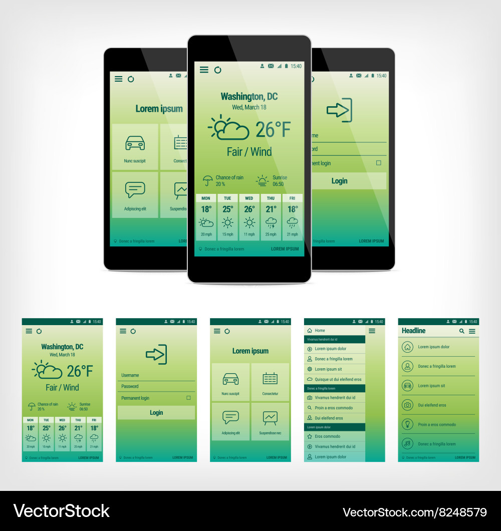Set of green mobile user interface design vector image