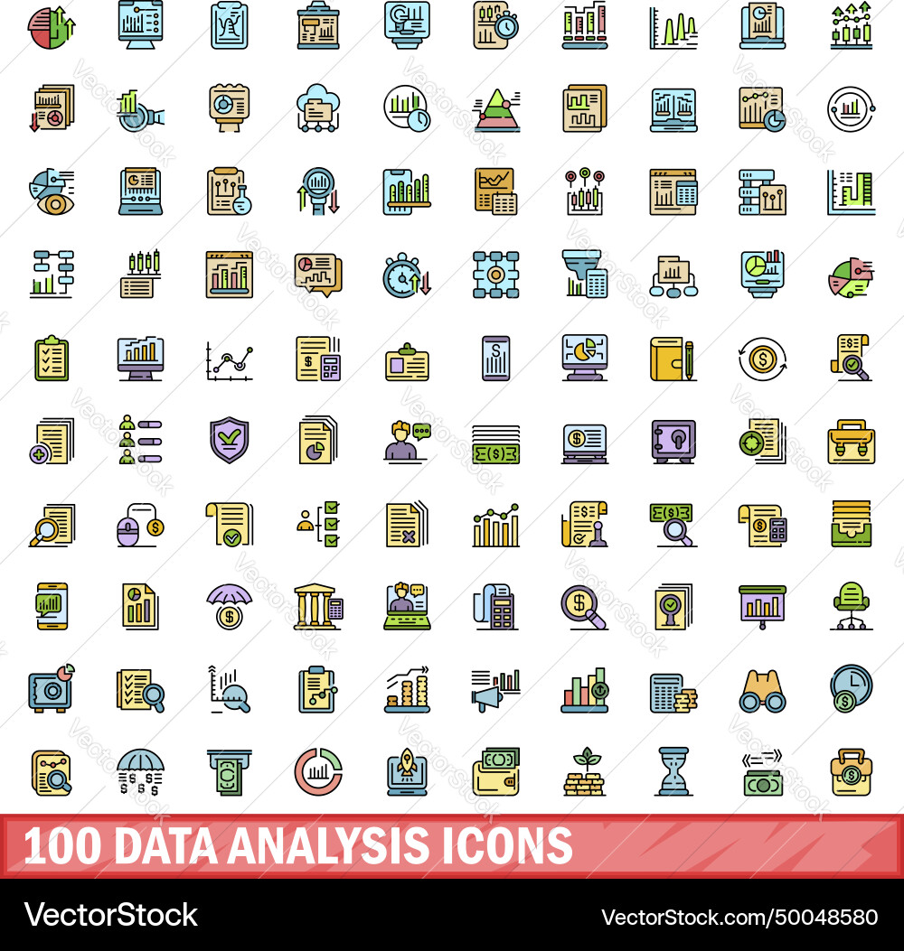 100 data analysis icons set color line style 100 data analysis icons set color line style vector image