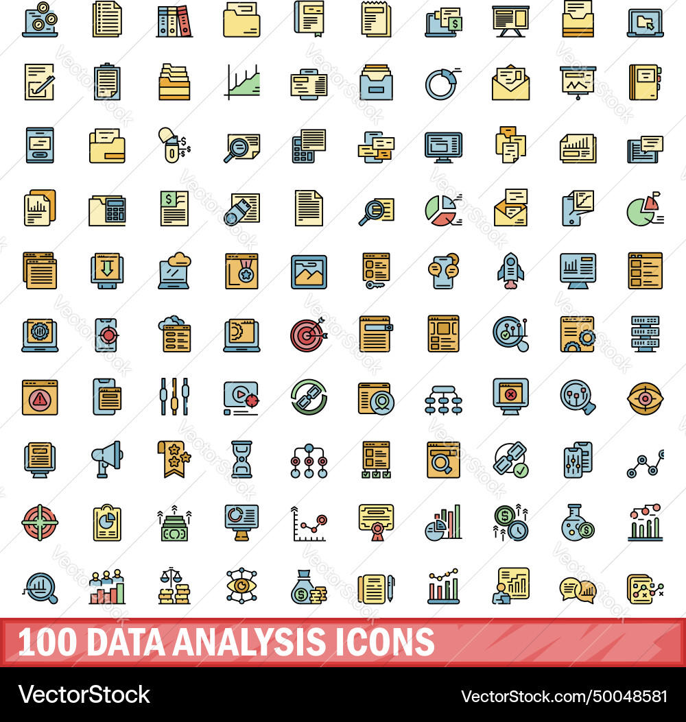 100 data analysis icons set color line style 100 data analysis icons set color line style Vector Image